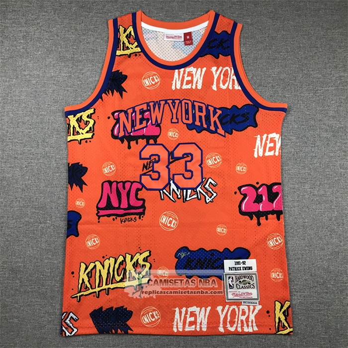 Camiseta New York Knicks Patrick Ewing NO 33 Slap Sticker Mitchell & Ness 1991-92 Naranja